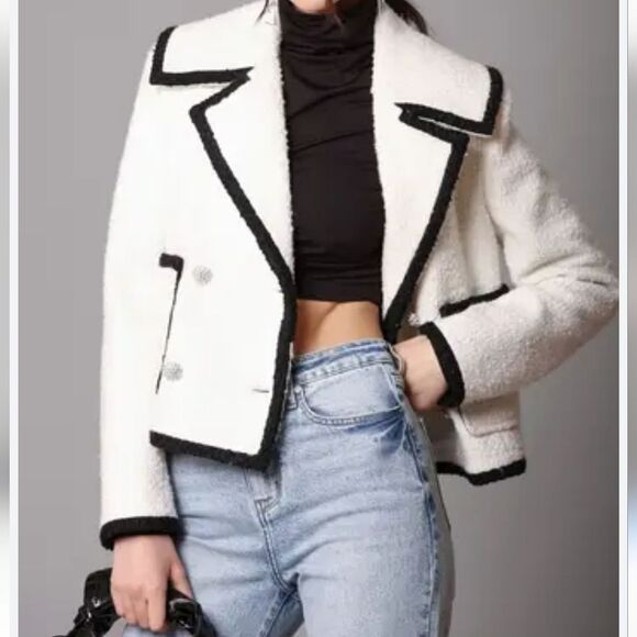 Avec Les Filles Black and White Blazer Tweed Double Breasted Tipped Jacket. M - Picture 2 of 16